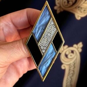 YVES SAINT LAURENT RARE Vintage Enamel Crystal Architectural Brooch Signed 80s